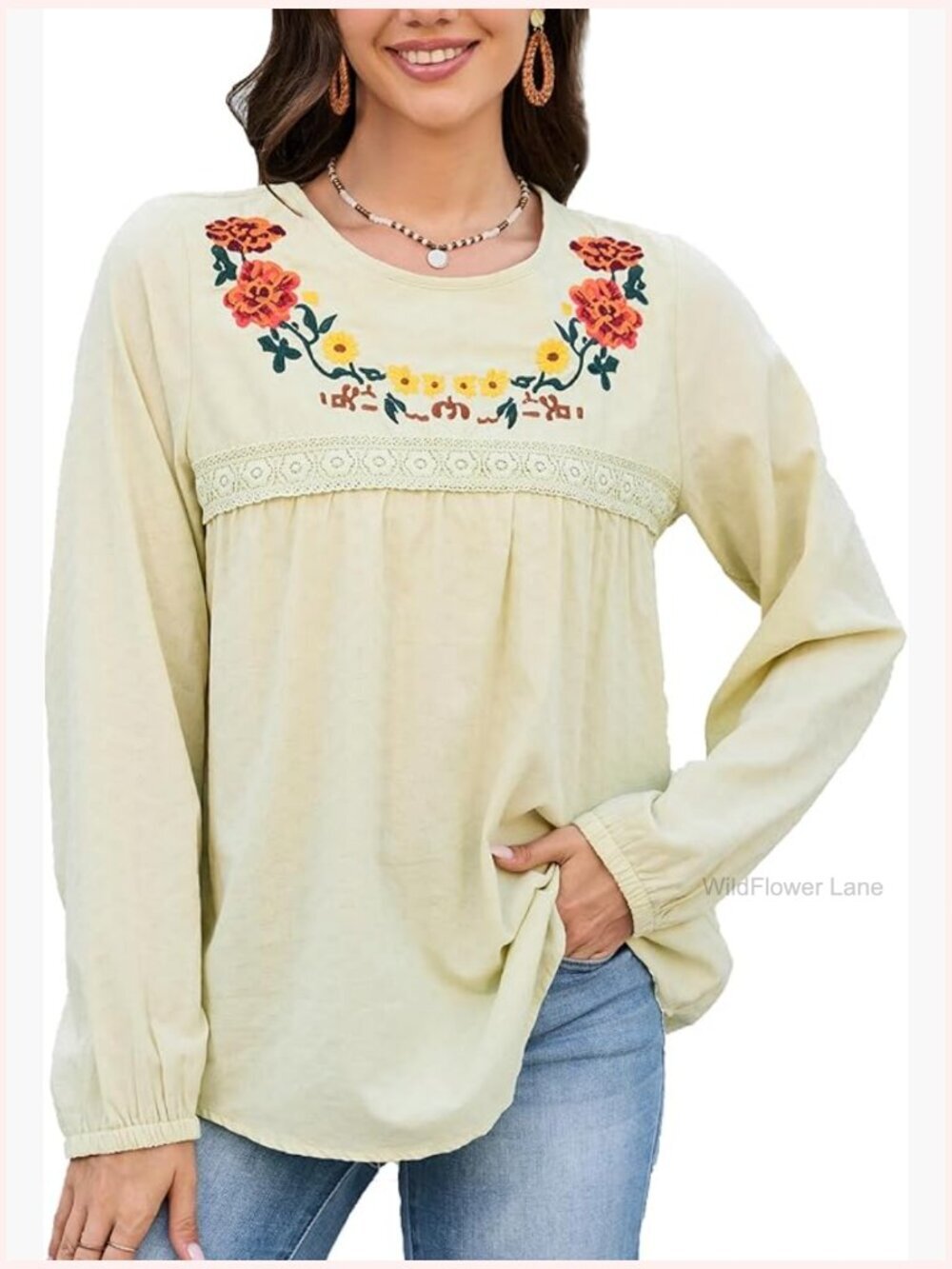 Boho Embroidered Long Sleeve Tunic Peasant Blouse Crewneck Flowy Top
